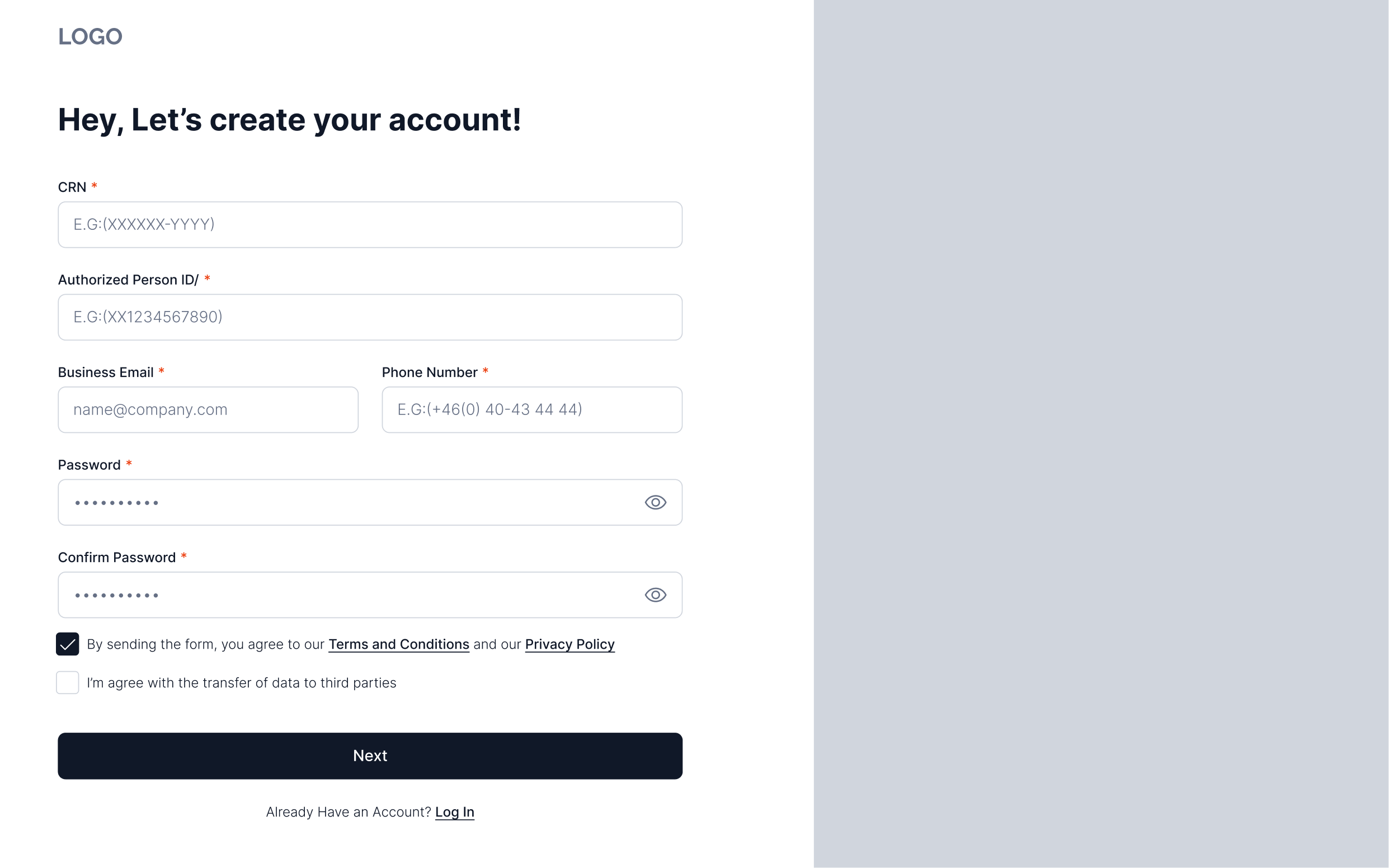 Registration Wireframes