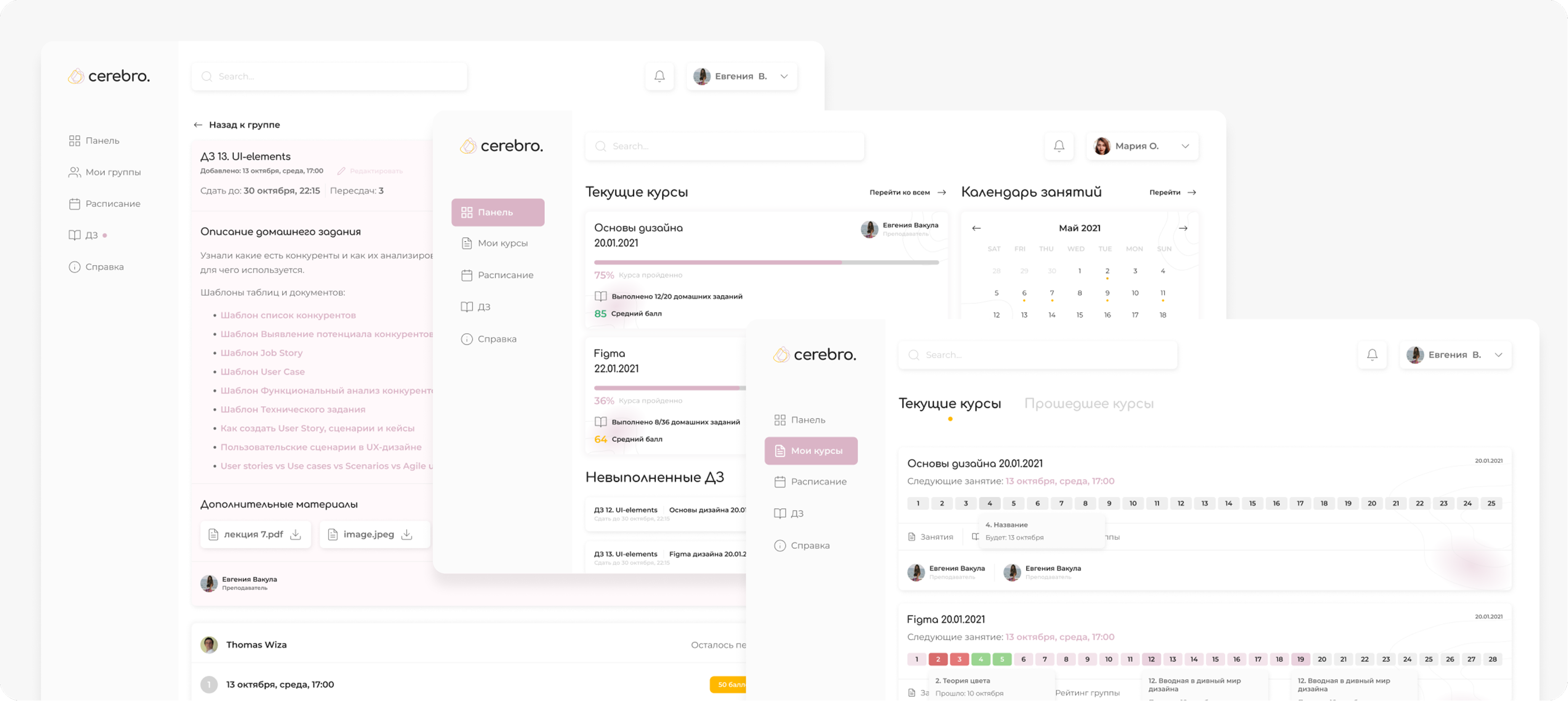 Cerebro Education LMS — student and teacher dashboards, lesson navigation, and homework review interfaces