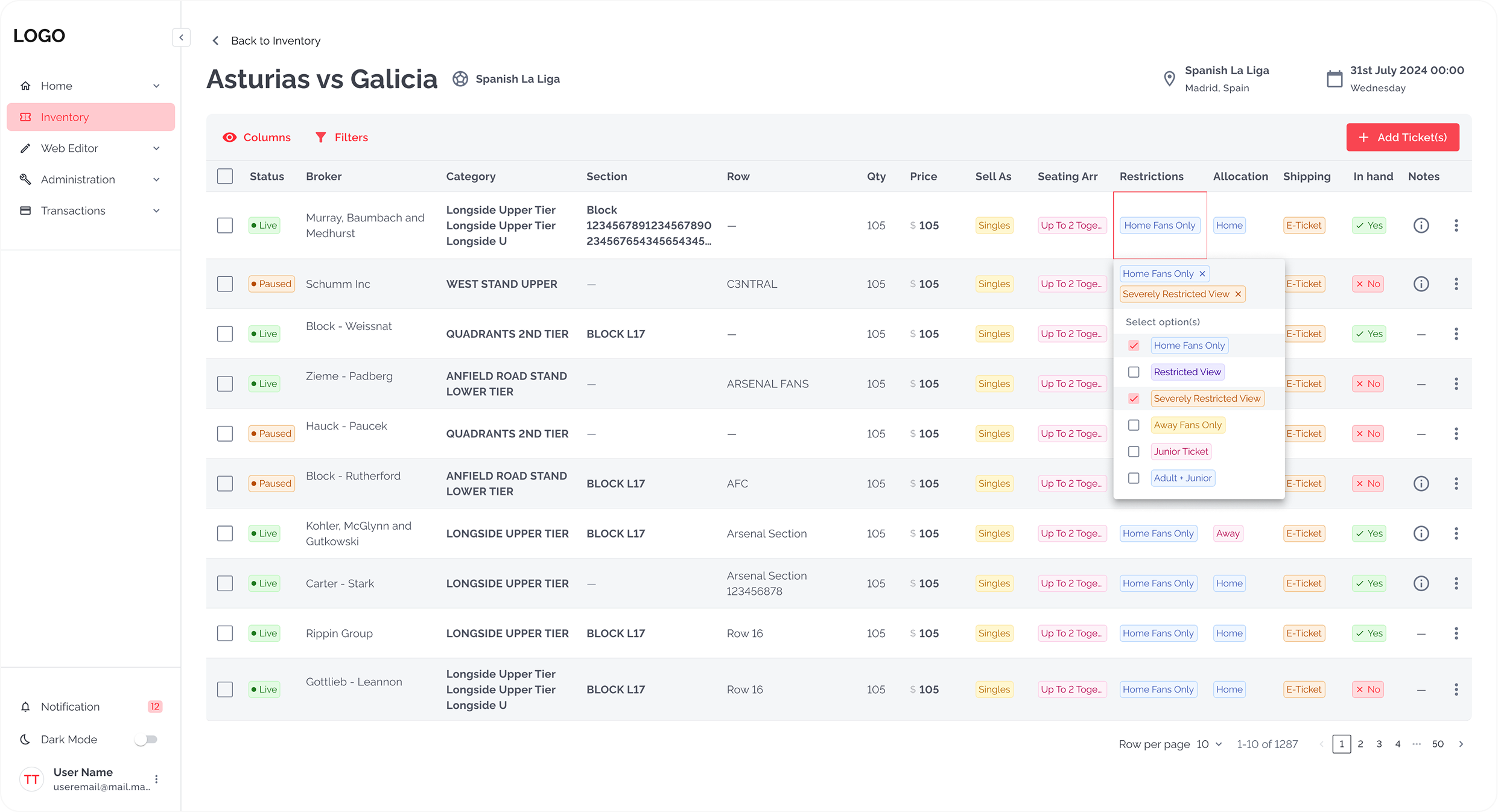 Redesigned Manage Tickets UI