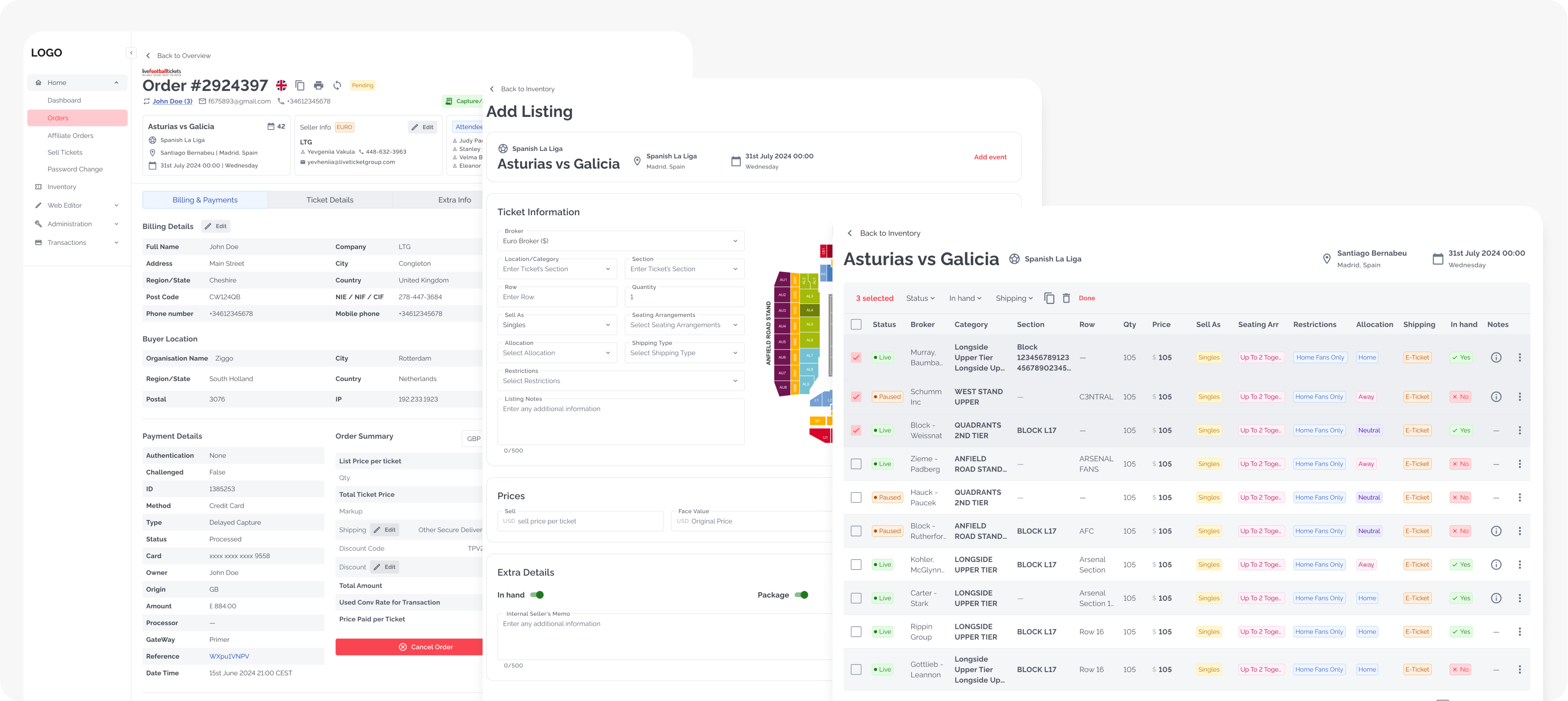 Ticket Marketplace Backoffice Redesign - showing order management, listing forms, and seat map interfaces
